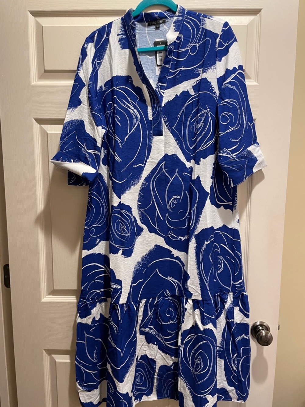 Blue & White Rose-Print Midi Dress with V-Neck by LILY SULLIVAN